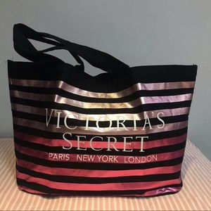 Victoria's Secret Overnight Canvas Purse Metallic Pink w/ Black Stripes Tote